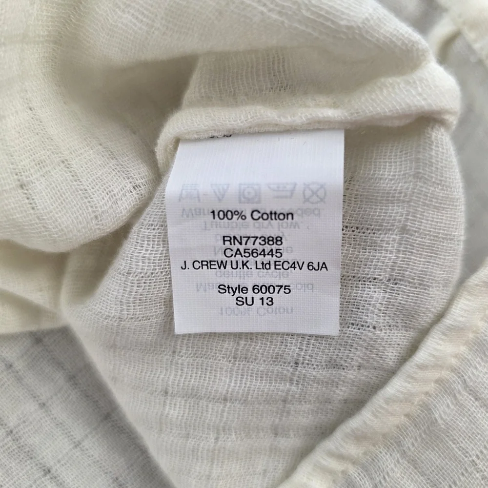 J.Crew Peasant Top Womens XS Cream Embroidered Boho Blouse Gauze Cotton Tunic